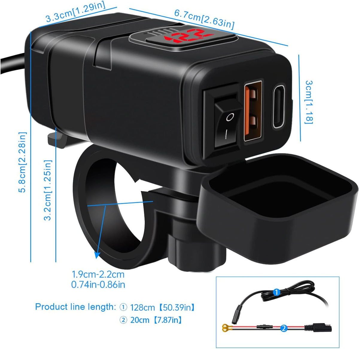 USB-stopcontact voor motorfiets, 18 W QC3.0 30 W PD USB-oplader voor motorfiets, waterdicht, snel opladen met schakelaar en led-voltmeter, US-B-stuur voor marine, auto, camper, SUV, boten