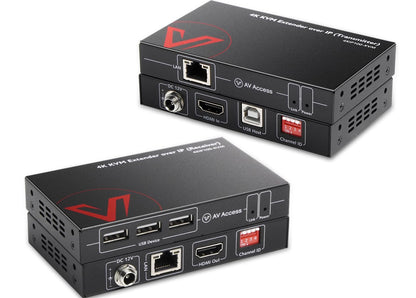 AV Access Professional UHD 4K @30Hz 1080P@120Hz KVM-extender via TCP/IP Ethernet, 16 sets DIP-switches, verreikend tot 120 m (390 ft) via enkele Cat5e/6-kabel, 3 poorten USB 2.0-hubs, geen latentie