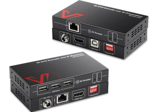 AV Access Professional UHD 4K @30Hz 1080P@120Hz KVM-extender via TCP/IP Ethernet, 16 sets DIP-switches, verreikend tot 120 m (390 ft) via enkele Cat5e/6-kabel, 3 poorten USB 2.0-hubs, geen latentie