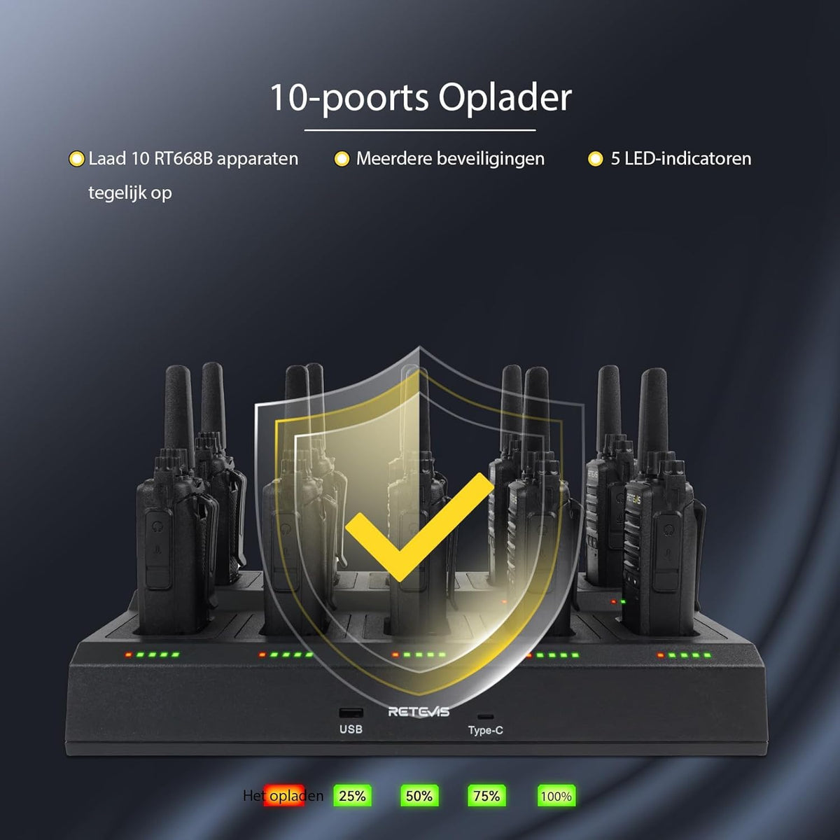 Retevis RT668B Walkie Talkies voor Volwassenen, Oplaadbare Walkie Talkies met 10-Voudige Oplader, PMR446 Professionele Portofoon, USB-C, voor School, Restaurant (Zwart, 10 Stuks)