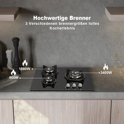 Gaskookplaat 3 Pits – Gasfornuis Inbouw – Kookplaat Gas – 3 Branders – 60 cm – Elektronische Ontsteking – Veiligheidssysteem Thermokoppel