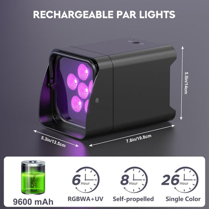 LED Par Accu, 4 stuks 108W 6 in 1 RGBWA+UV podiumverlichting met 9600mAh, lichtpakket, APP-bediening, LED schijnwerper Accu met DMX en afstandsbediening voor feest, bar, Halloween