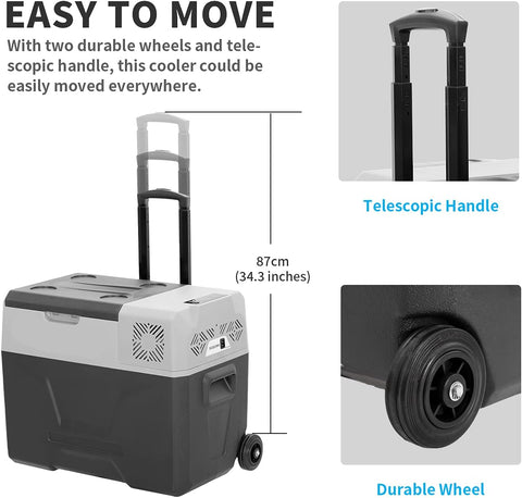 Mini koelkast - Auto koelkast - Draagbare Compressor Koelbox - Elektrische Vriesbox - voor Camping - Auto - Vrachtwagen - Boot - met Wielen - Telescopische Handgreep - USB-aansluiting - 40L - 12/24V & 230 V - Donkergrijs