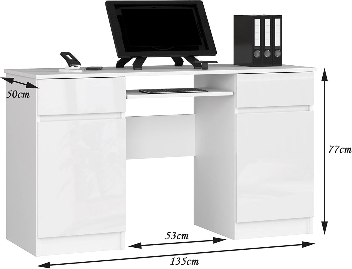 PC Desk A5 with Keyboard Shelf, Office Desk, Computer Table, Desk Table with Keyboard Shelf, 2 Drawers and 2 Door Shelves, W135 x H77 x D50 cm, 58 kg, White/White Glossy - QUORE