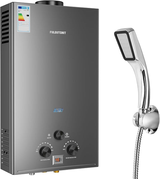 Gasdoorstroomboiler met drukdouche, LPG, propaan butaangas, doorstroomboiler, geschikt voor thuis, camper en buiten, 18 liter