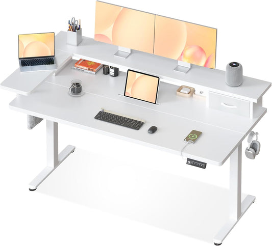 OffiGo in Hoogte Verstelbaar Bureau, 120x60 Elektrisch Bureau met L-monitorhouder, Staand Desk met Lade, Standing Desk met USB, Ergonomisch Computerbureau, Wit