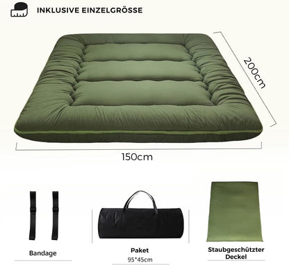 MAXYOYO Japanse vloermatras, futonmatras, dikkere tatami-mat, slaapkussen, opvouwbaar, oprolbaar matras, slaapzaal, matras, vloerligstoel, kussen, bed (groen, kingsize)