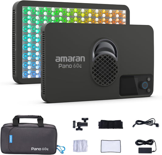 amaran Pano 60c Kit 60W RGBWW full-colour paneellamp met 22.220 Lux @ 0,5 m, USB-C PD, inclusief softbox, rooster, diffuser, draagtas voor fotografie en video - antraciet