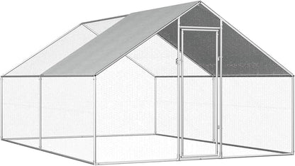 Gecheer Outdoor Chicken Coop, 2.75 x 4.00 x 1.92 m, Galvanised Steel, Large Outdoor Enclosure Weatherproof, for Chickens and Small Animals - QUORE