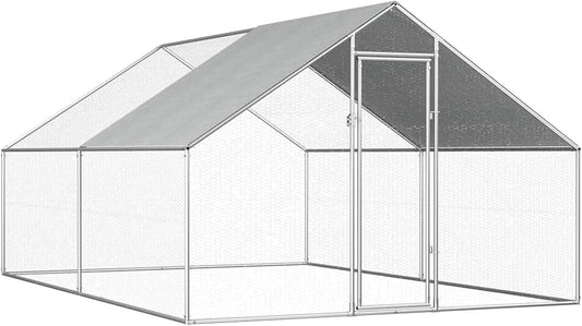 Gecheer Outdoor Chicken Coop, 2.75 x 4.00 x 1.92 m, Galvanised Steel, Large Outdoor Enclosure Weatherproof, for Chickens and Small Animals - QUORE