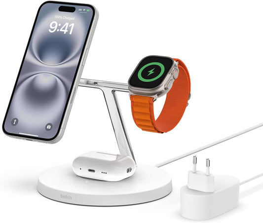 Belkin MagSafe 3-in-1 draadloze oplader, 15W-snellader voor iPhone, Apple Watch, AirPods-laadstation, draadloze oplader voor iPhone 16, 15, 14, Plus, 13, 12, Pro, Max, Mini, Apple Watch, AirPods - Wit
