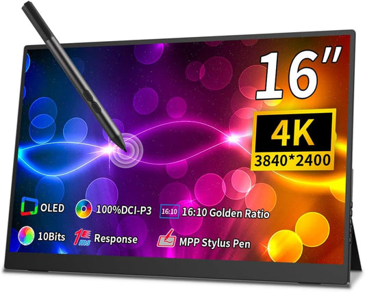 Portable 16 Inch OLED Touch Screen Monitor 3840 x 2400 100% P3 MPP Stylus 1MS Eye Care for Laptop Mac NUC Mini PC VESA & Integrated Stand - QUORE