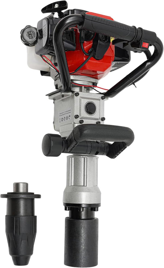 OUKANING 2-in-1 Petrol Ramper with Adapter Head, 32.7 cc Engine, 25-50J Impact Force, 1700-2230 BPM, with 2 55 mm/70 mm Sleeves and Accessories for Horticulture, Fencing, Agriculture - QUORE