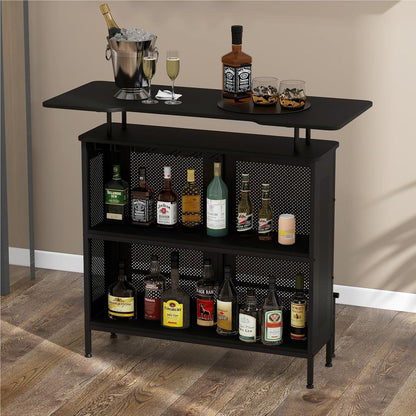 Bartafel – Barmeubel – Keukentafel – Tafel Met Opbergruimte – Zwarte Metalen Frame – Verstelbare Poten – 120 x 50 x 106,5 cm – Inclusief Voetsteun