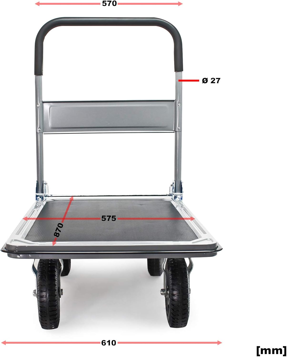 Wiltec Platform trolley up to 300 kg platform truck with robust pneumatic tyres and folding handle, flexible magazine trolley 89x61x98 cm with side protection and non-slip