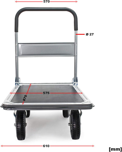 Wiltec Platform trolley up to 300 kg platform truck with robust pneumatic tyres and folding handle, flexible magazine trolley 89x61x98 cm with side protection and non-slip