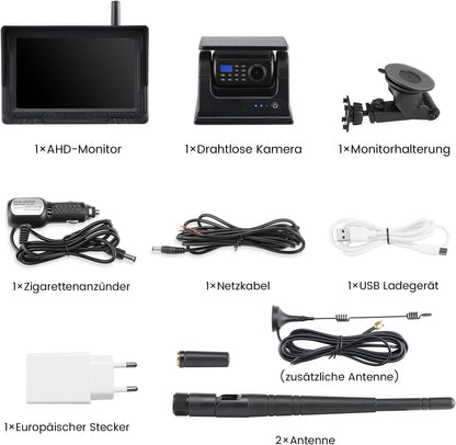 Magnetische draadloze achteruitrijcamera op zonne-energie, 5 inch monitor, AHD 1080P, achteruitrijcamera, oplaadbare batterij, geen bedrading, geen boren, draadloze back-upcamera voor