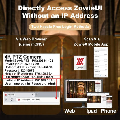Zowietek 4K PTZ-camera (native NDI|HX3), Ergo-Ease afstandsbediening, ZowieX App, 25x optisch + 12x digitaal, SDI/HDMI/USB, RTSP/RTMP/SRT. Perfect voor vergaderingen, kerk, evenementen, onderwijs.