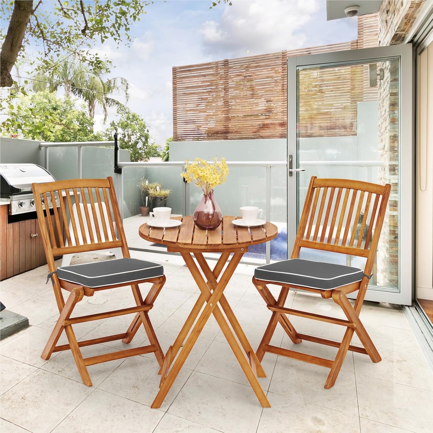 Balkontafelset – Balkontuinset – Bistroset – Tuinmeubelset – Terrasmeubel – Inklapbaar Acaciahouten Design – Inclusief Zachte Zitkussens