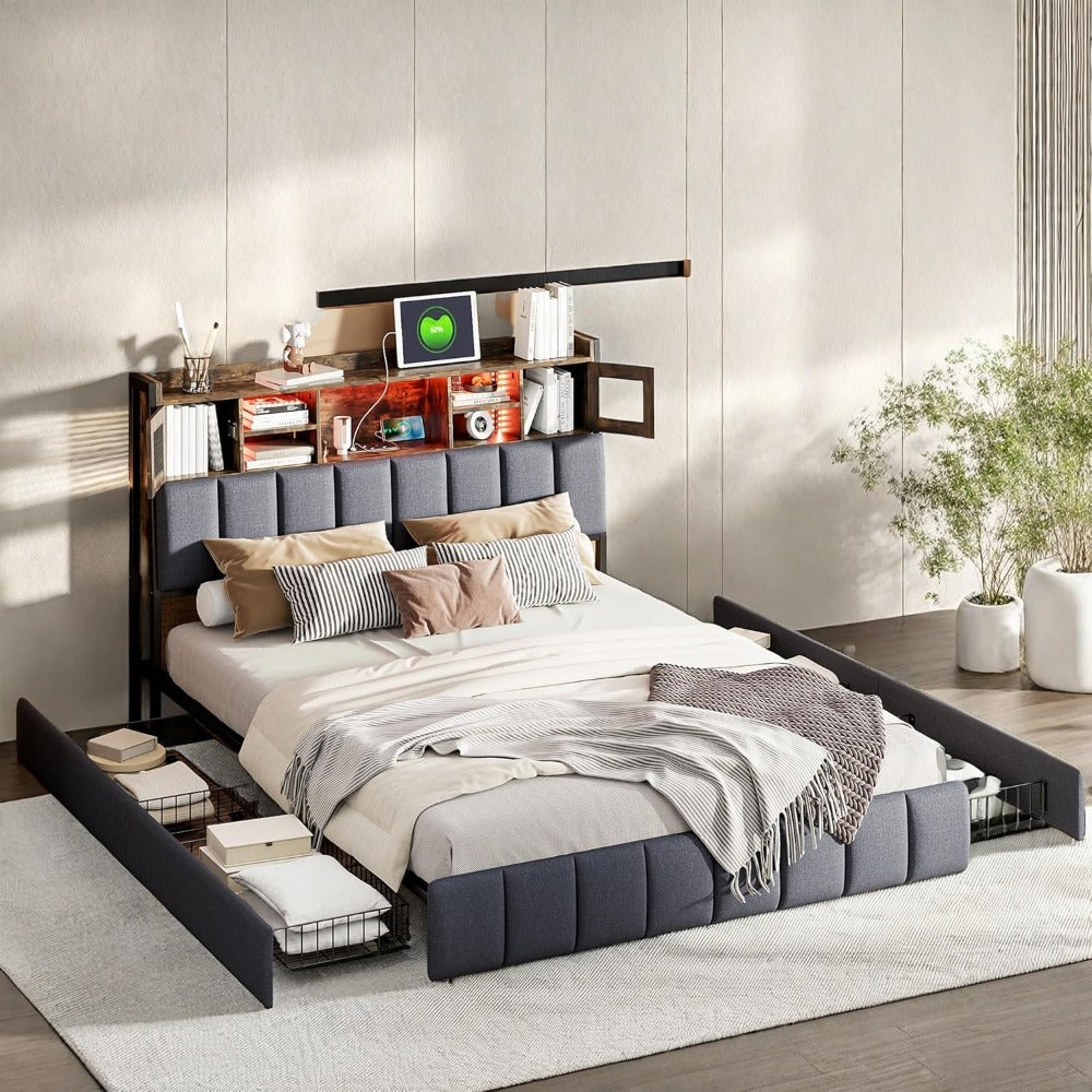Tweepersoonsbed – Stalen Bedframe – Linnen Bed – Opbergbed – Led Bed – 140x200 cm – USB Aansluiting – 4 Ladevakken
