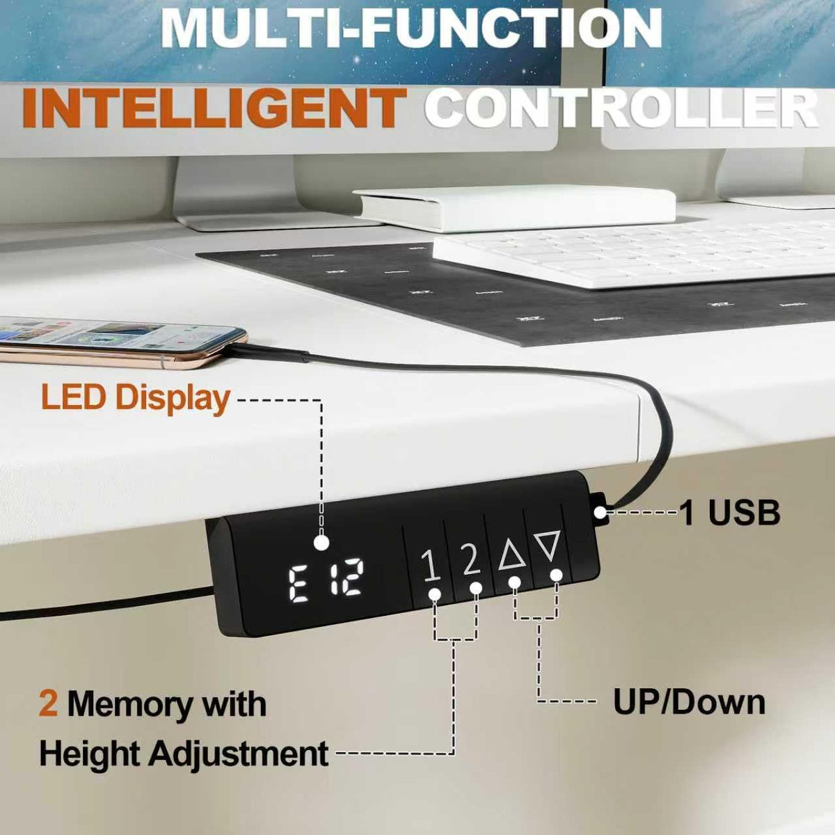 Desk, Height Adjustable, Electric, 120 x 60 cm, Computer Table with Memory Control, Ergonomic Standing Desk, White - QUORE