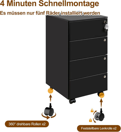 Rollcontainer, mobiele archiefkast, 4 laden, 4 sloten, zwart OFC141B02HI