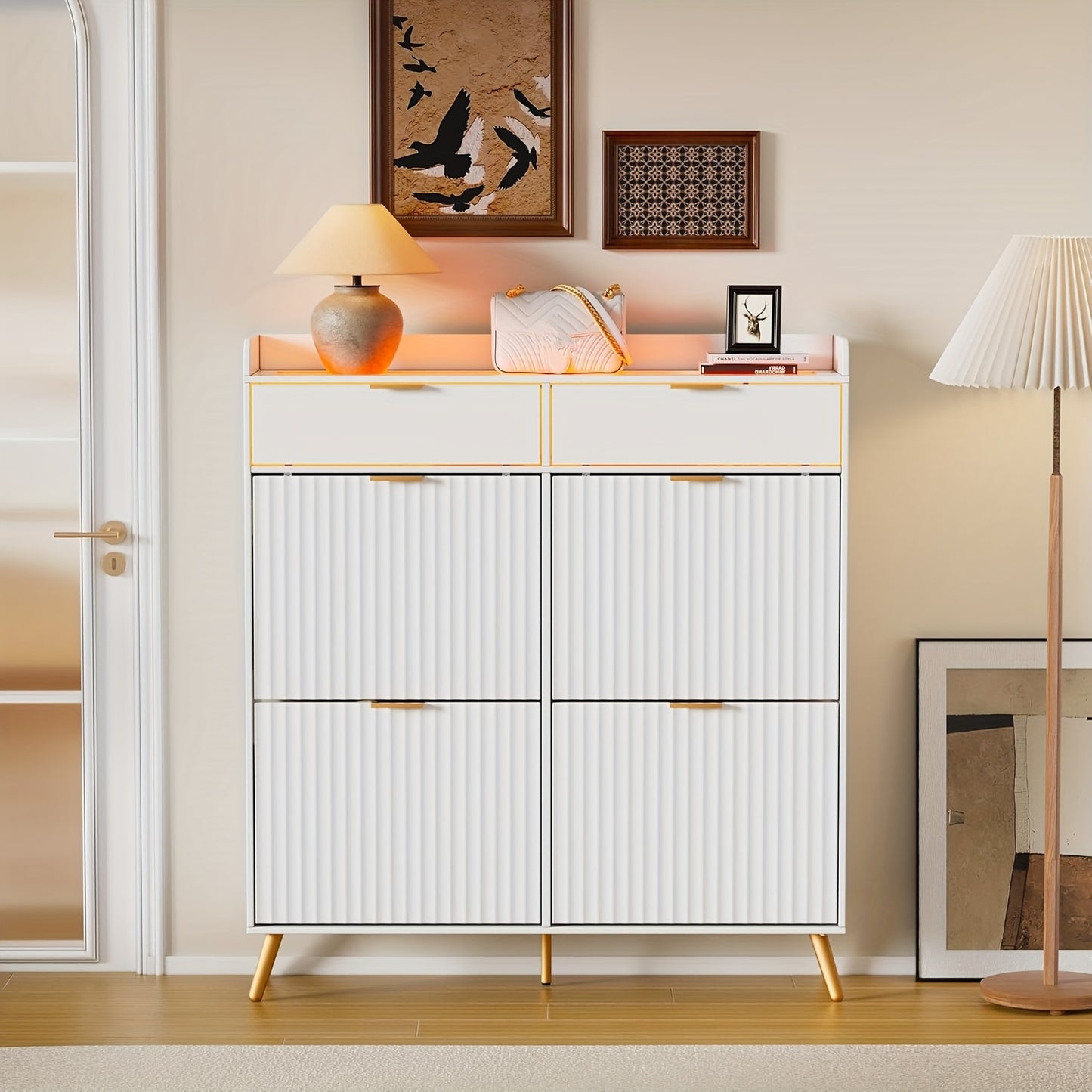 Schoenenkast – Schoenrek – Schoenenopberger – Halmeubel – Schoenenkastje – Wit – 4 Klepdeurtjes – Glazen Blad – 117x106x24 cm – Ruimtebesparend – Met Lade