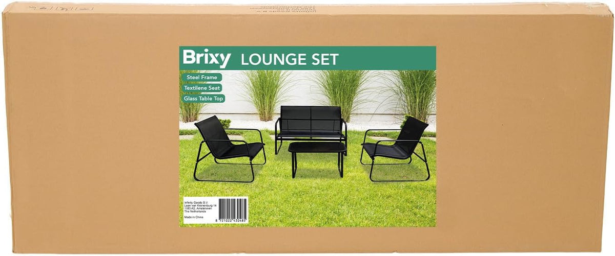 Brixy Tuinset - Loungeset - Tuinmeubelen - Tuinbank - Tuinstoelen - Tuintafel - Glazen blad - 4 Persoons - Zwart/Antraciet