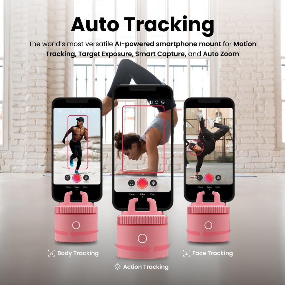 Pivo Pod Lite en houder voor smartphone met automatische sensor voor het volgen van bewegingen voor het maken van content Handsfree 360°- rotatie Video opnemen mobiele standaard - Roze
