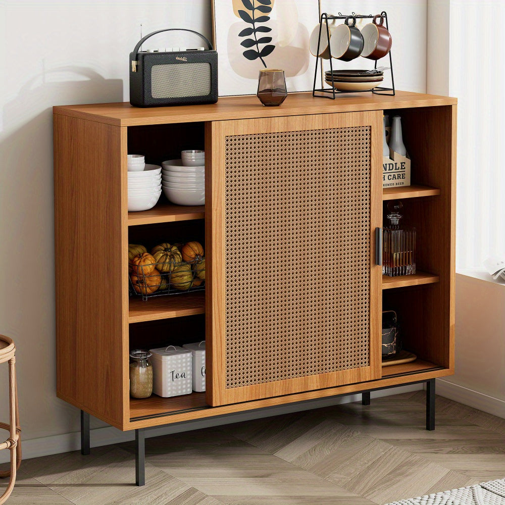 Dressoir – Buffetkast – Ladekast – Opbergkast – Kast – Modern Landelijk Design – 2 Schuifdeuren – Verstelbare Plank – Massief Hardhout – Vrijstaand – Ruimtebesparend – Open Plank – Duurzaam