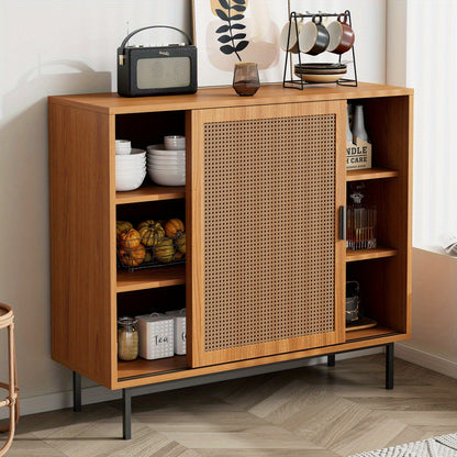 Dressoir – Buffetkast – Ladekast – Opbergkast – Kast – Modern Landelijk Design – 2 Schuifdeuren – Verstelbare Plank – Massief Hardhout – Vrijstaand – Ruimtebesparend – Open Plank – Duurzaam