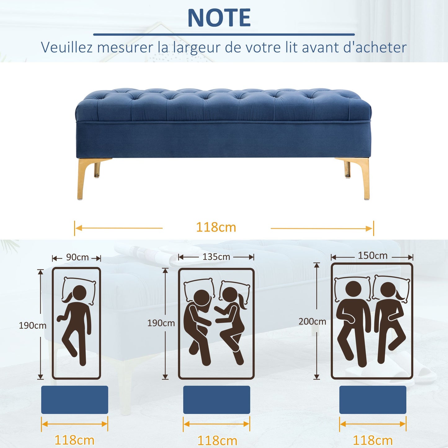 Opgevulde Opbergbank – Slaapkamerbank – Poef – Bedbank – Zitbank – Blauw Fluwelen Bekleding – Gouden Metalen Poten – Compact 118x45x42 cm – Hoog Comfort