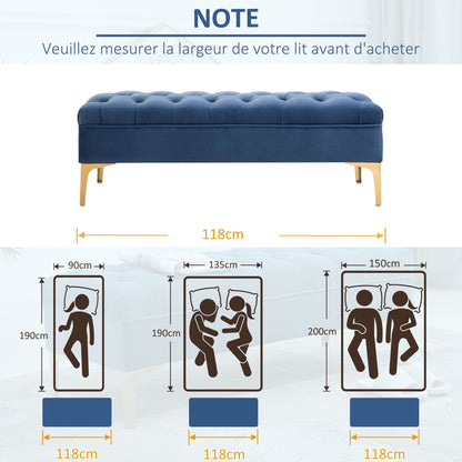 Opgevulde Opbergbank – Slaapkamerbank – Poef – Bedbank – Zitbank – Blauw Fluwelen Bekleding – Gouden Metalen Poten – Compact 118x45x42 cm – Hoog Comfort