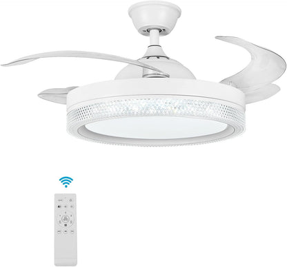 Horevo Plafondventilator met LED-verlichting Intrekbare plafondventilator met afstandsbediening, 42-inch onzichtbare bladen verborgen ventilator, ingebouwde dimbare plafondlamp en Bluetooth-luidspreker voor slaapkamer Woonkamer Eetkamer