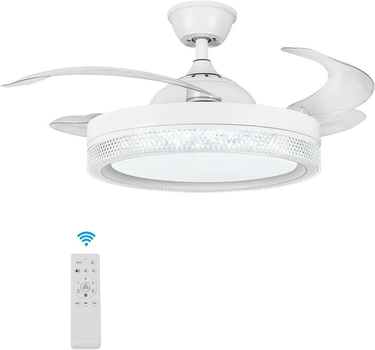Horevo Plafondventilator met LED-verlichting Intrekbare plafondventilator met afstandsbediening, 42-inch onzichtbare bladen verborgen ventilator, ingebouwde dimbare plafondlamp en Bluetooth-luidspreker voor slaapkamer Woonkamer Eetkamer