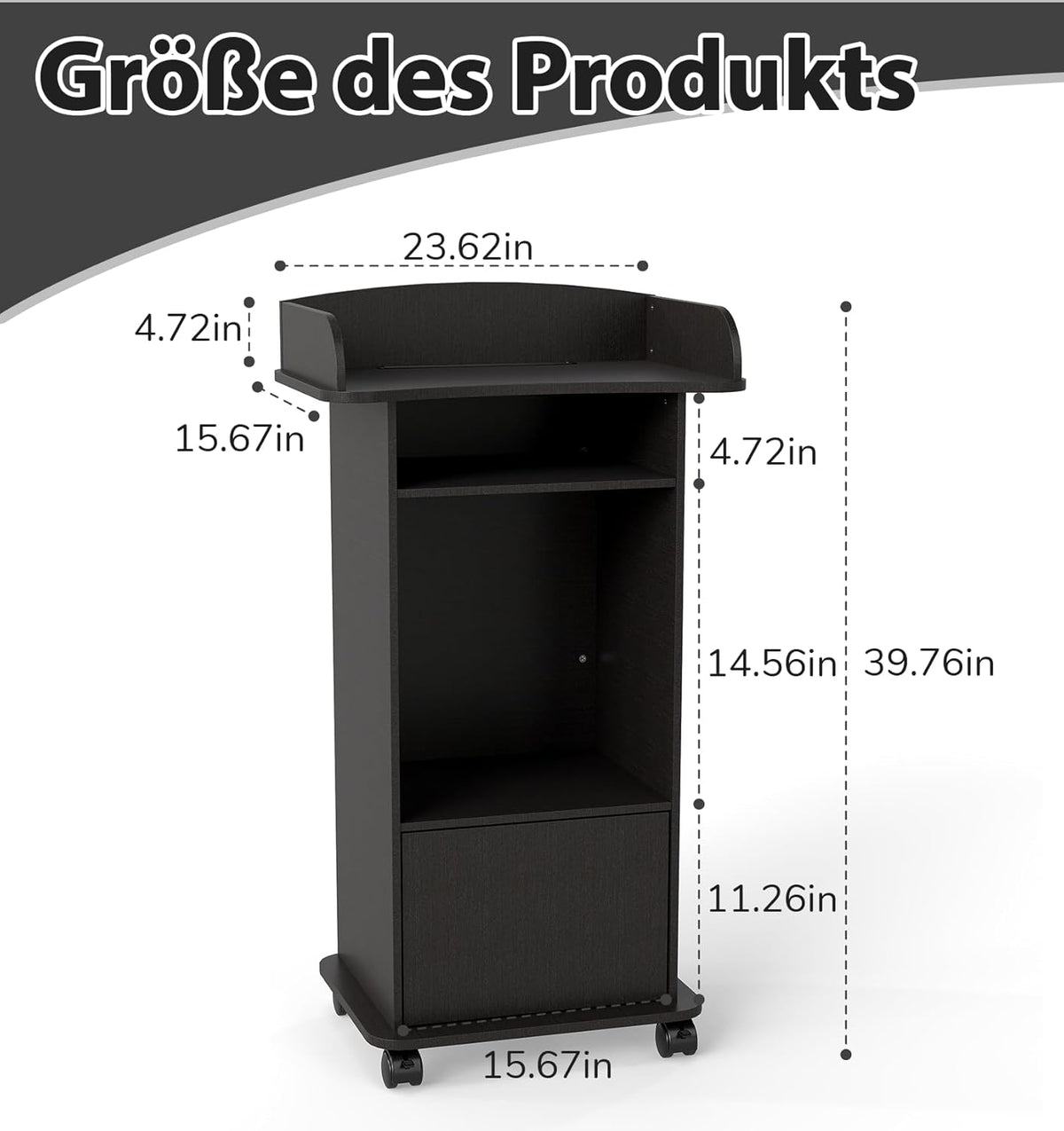 Sta-bureau, podiumstandaard, houten podium, houten sprekerbureau met dubbellaags opbergvak en remwiel voor klaslokaal, hoorzaal, kerk, seminar zwart (60 x 39,8 x 101 cm)