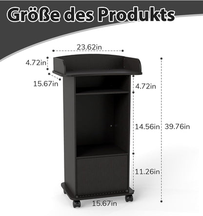 Sta-bureau, podiumstandaard, houten podium, houten sprekerbureau met dubbellaags opbergvak en remwiel voor klaslokaal, hoorzaal, kerk, seminar zwart (60 x 39,8 x 101 cm)