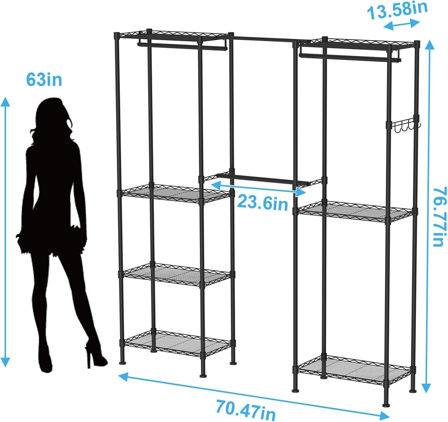 Kledingrek voor het ophangen van kleding, verstelbaar zwaar kledingrek met 4 hangstangen en 7 planken, belastbaar tot 800 lbs, 70 x 13,5 inch B x 76 inch H, zwart