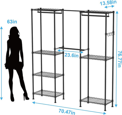 Kledingrek voor het ophangen van kleding, verstelbaar zwaar kledingrek met 4 hangstangen en 7 planken, belastbaar tot 800 lbs, 70 x 13,5 inch B x 76 inch H, zwart