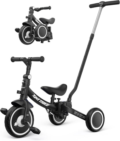 besrey 7-in-1 driewieler voor peuters met stuurgreep voor 1-5 jaar, opvouwbare wielen, peuterfiets met wielkoppeling, grotere wielen, afneembare pedalen, in hoogte verstelbare zitting, zwart