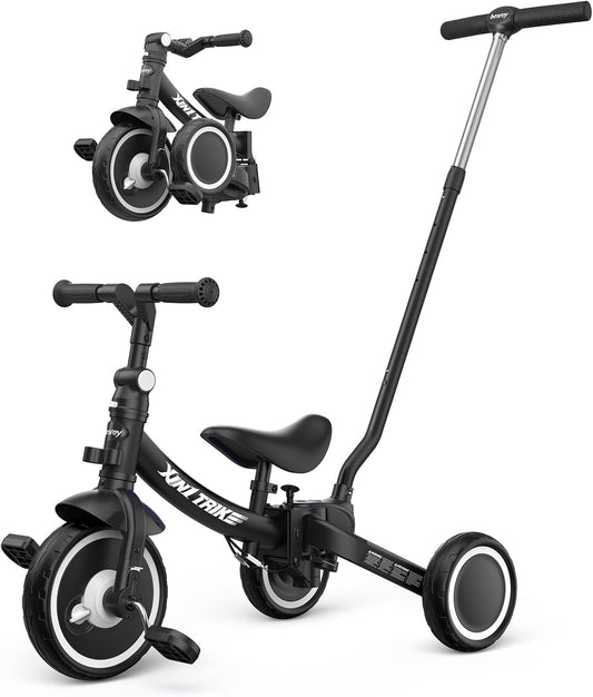 besrey 7-in-1 driewieler voor peuters met stuurgreep voor 1-5 jaar, opvouwbare wielen, peuterfiets met wielkoppeling, grotere wielen, afneembare pedalen, in hoogte verstelbare zitting, zwart