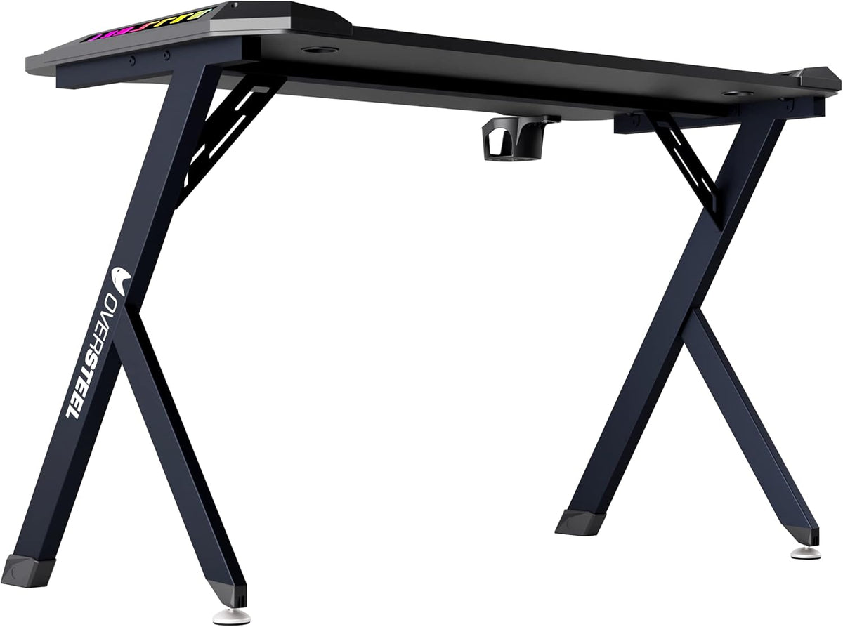Oversteel - Vitallium Gaming Tafel 120x60x75 cm, RGB LED Licht, Carbon Fiber Oppervlak, Ergonomisch, Beker- en Headsethouder, Computer Bureau, Zwart