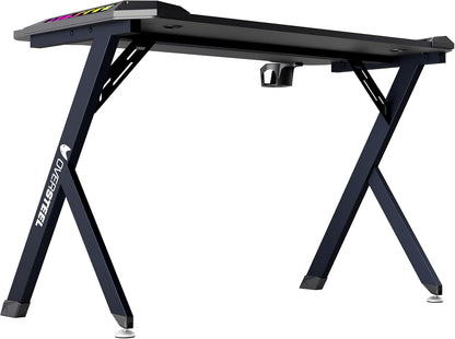 Oversteel - Vitallium Gaming Tafel 120x60x75 cm, RGB LED Licht, Carbon Fiber Oppervlak, Ergonomisch, Beker- en Headsethouder, Computer Bureau, Zwart