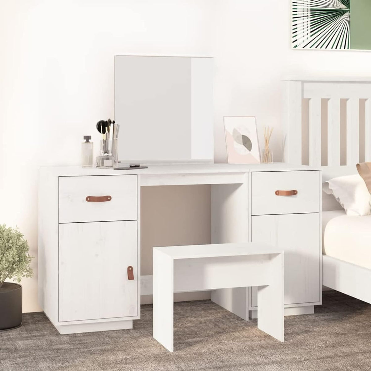 Tidyard Dressing table with mirror, dressing table, chest of drawers, dressing table, vanity table, makeup mirror, bedroom, solid pine, white - QUORE