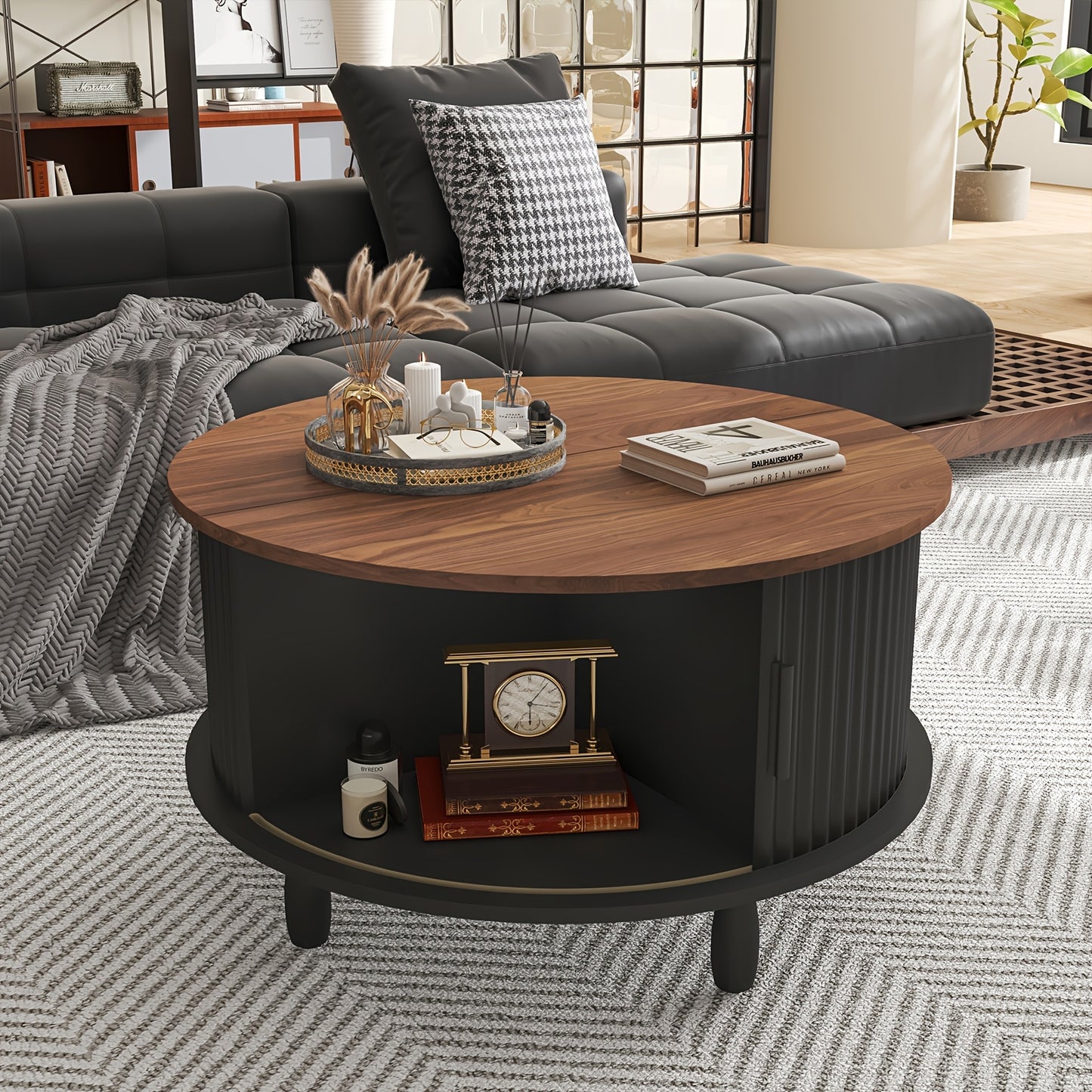 Salontafel – Koffietafel – Woonkamertafel – Bijzettafel – Loungetafel – Massief Hout – Lift-Top Met Opbergruimte – Zwart Met Walnotenhouten Blad