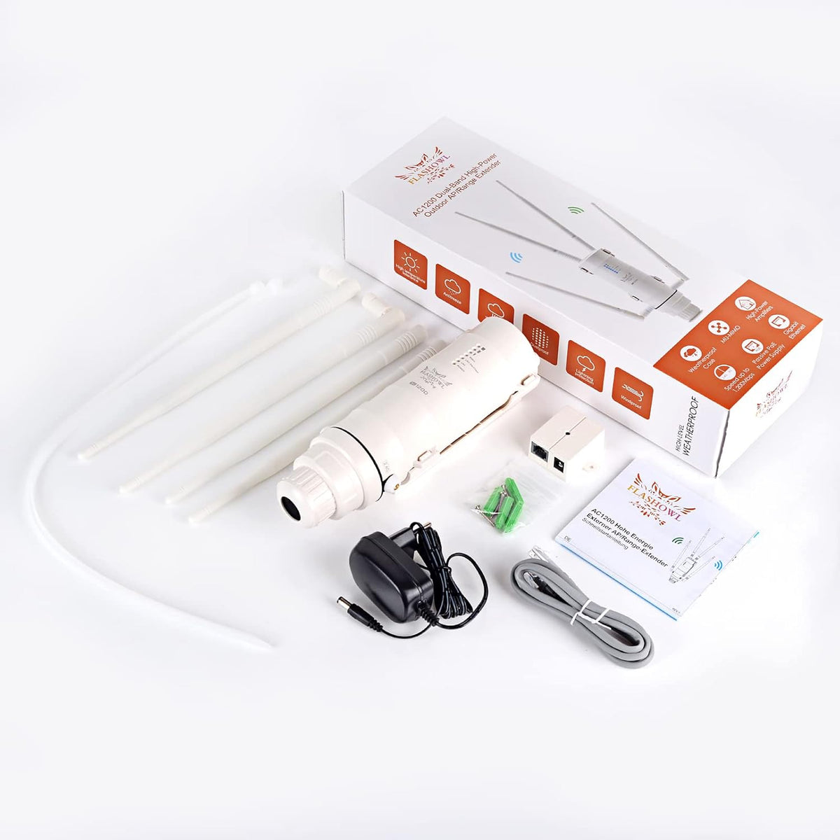 FLASHOWL Wifi-repeater voor buiten, 1200 Mbps waterdichte reikwijdte, signaalversterker en tuinrouter