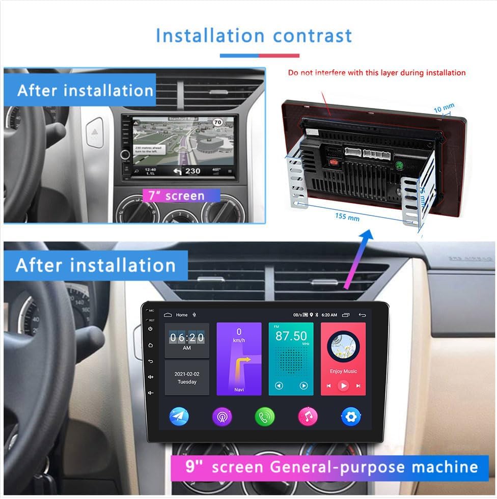 Podofo Android 2 Din autoradio met GPS-navigatie, Bluetooth, 24 bureaubladthema's, 9 inch autoradio met scherm met WiFi, FM/RDS, spiegellink, achteruitrijcamera (2+32G)
