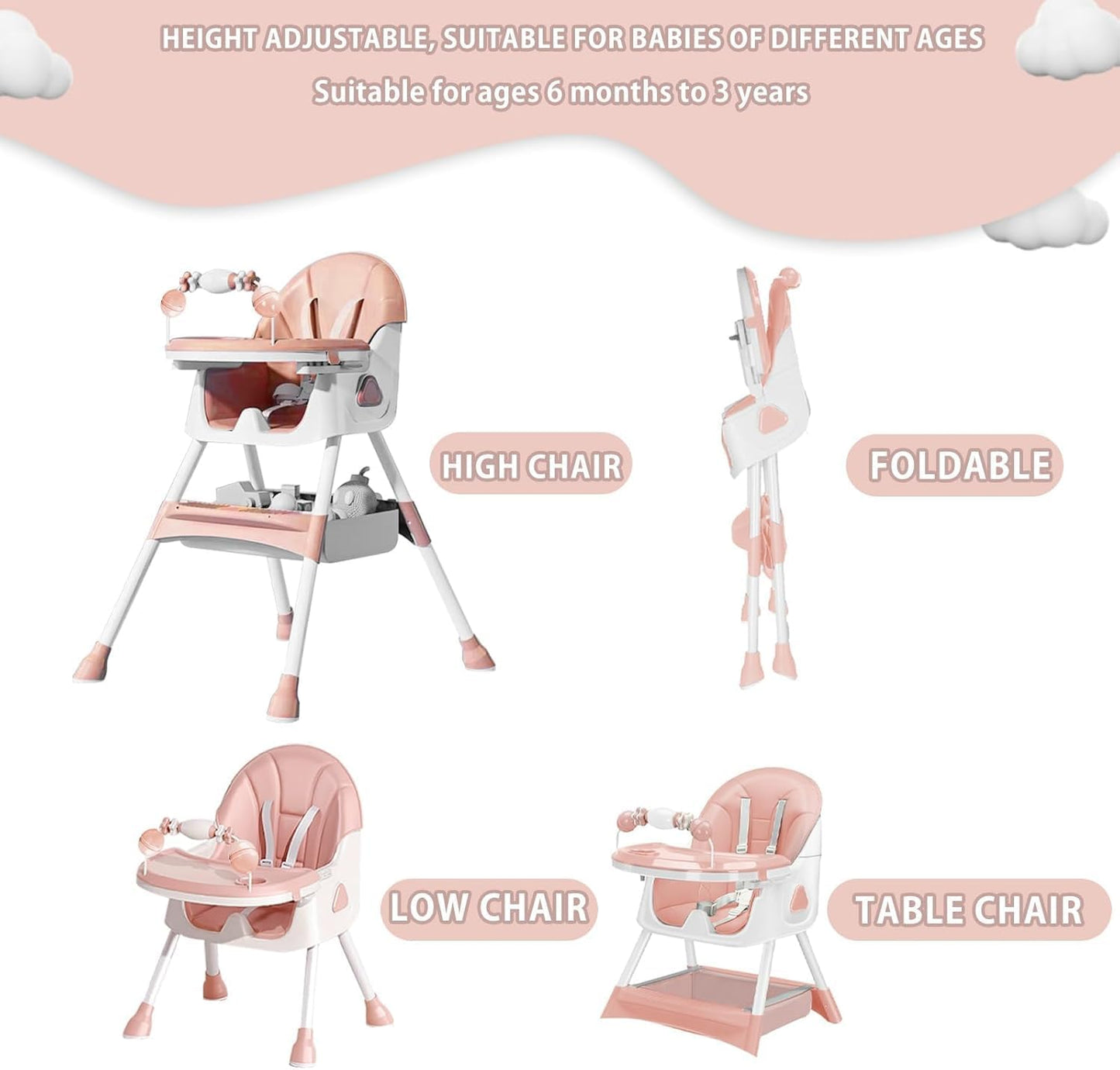 Opvouwbare Kinderstoel - Met Grote Antislipmat en Speelgoedrek - 6 Maanden en Ouder - Roze