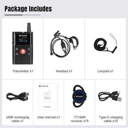 Retekess TT126R Tweeweg Audiogeleidingssysteem, 280m full Duplex Oorhaak Mini-ontvanger, Draadloos Communicatiesysteem voor Paardensporttraining, VIP-Receptie (1 Zender 15 Ontvangers)