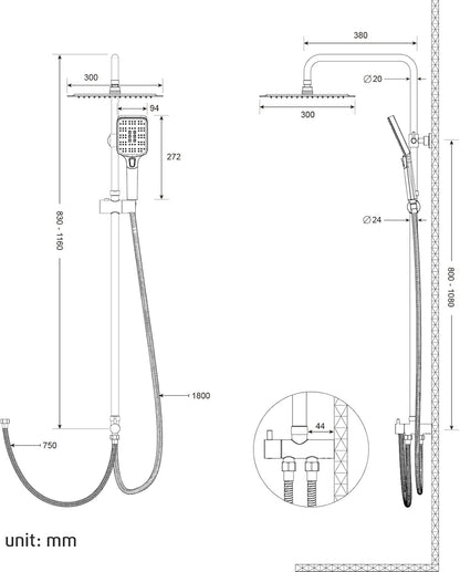Vierkante Regendouche – Douche Systeem – Douche Set – Regendoucheset – Handdouche – 30x30 cm – 3-standen Handdouche – Verstelbare RVS Doucherail